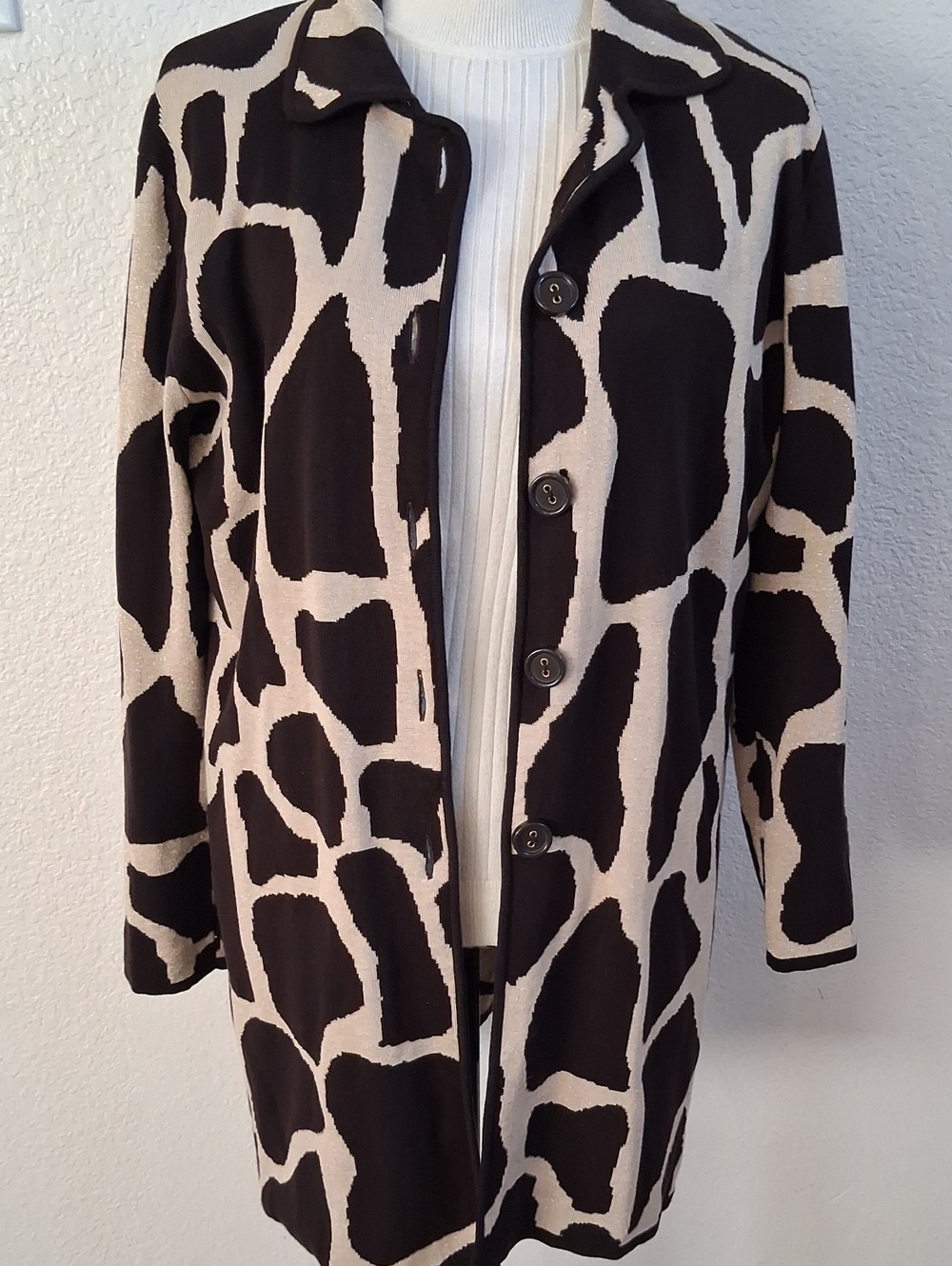 Chico's Silk Blend Black Cream  Animal Print Mid Length Open Button Up Sweater 2